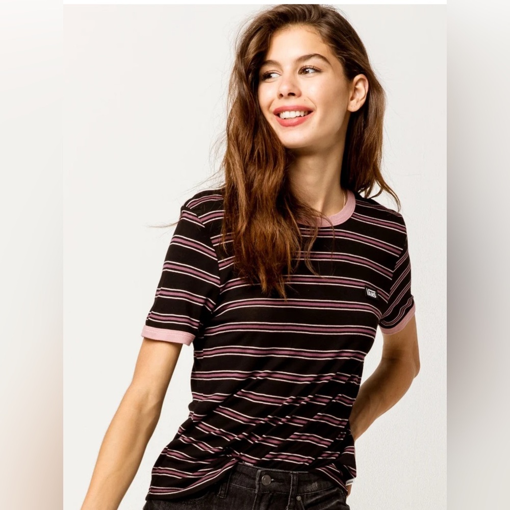 Vans Women’s Evermore Stripe Ringer Tee Black/Pink SZ L